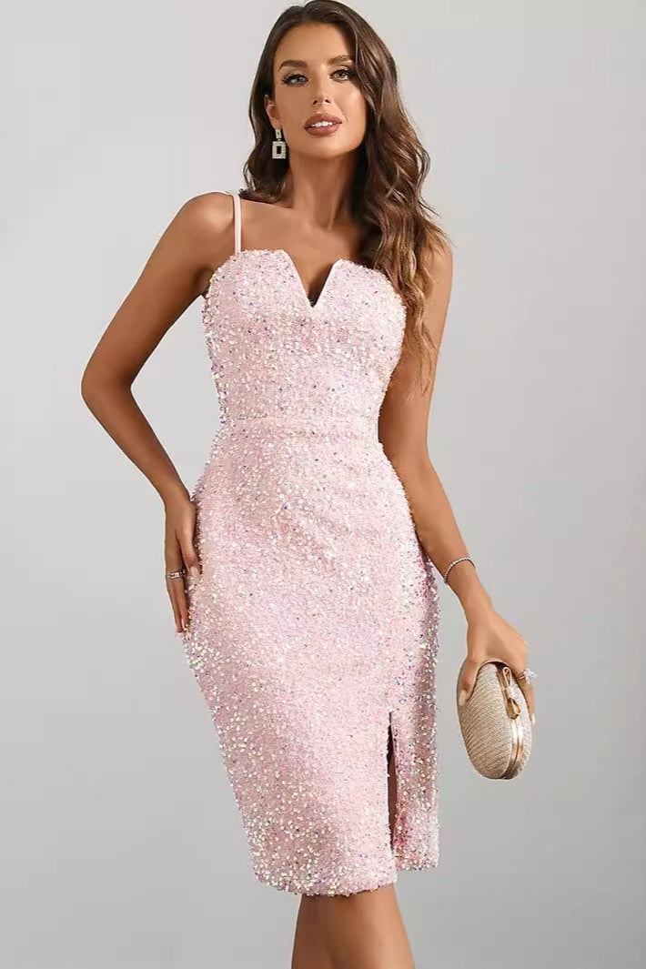 Sequin Sweetheart Spaghetti Strap High Split Bodycon Midi Dress