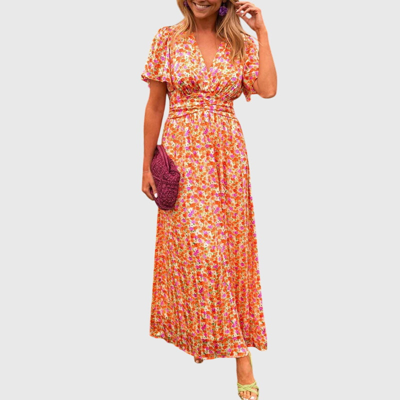 Floral V-Neck Flutter Sleeve Ruched Waist Maxi Dress 2