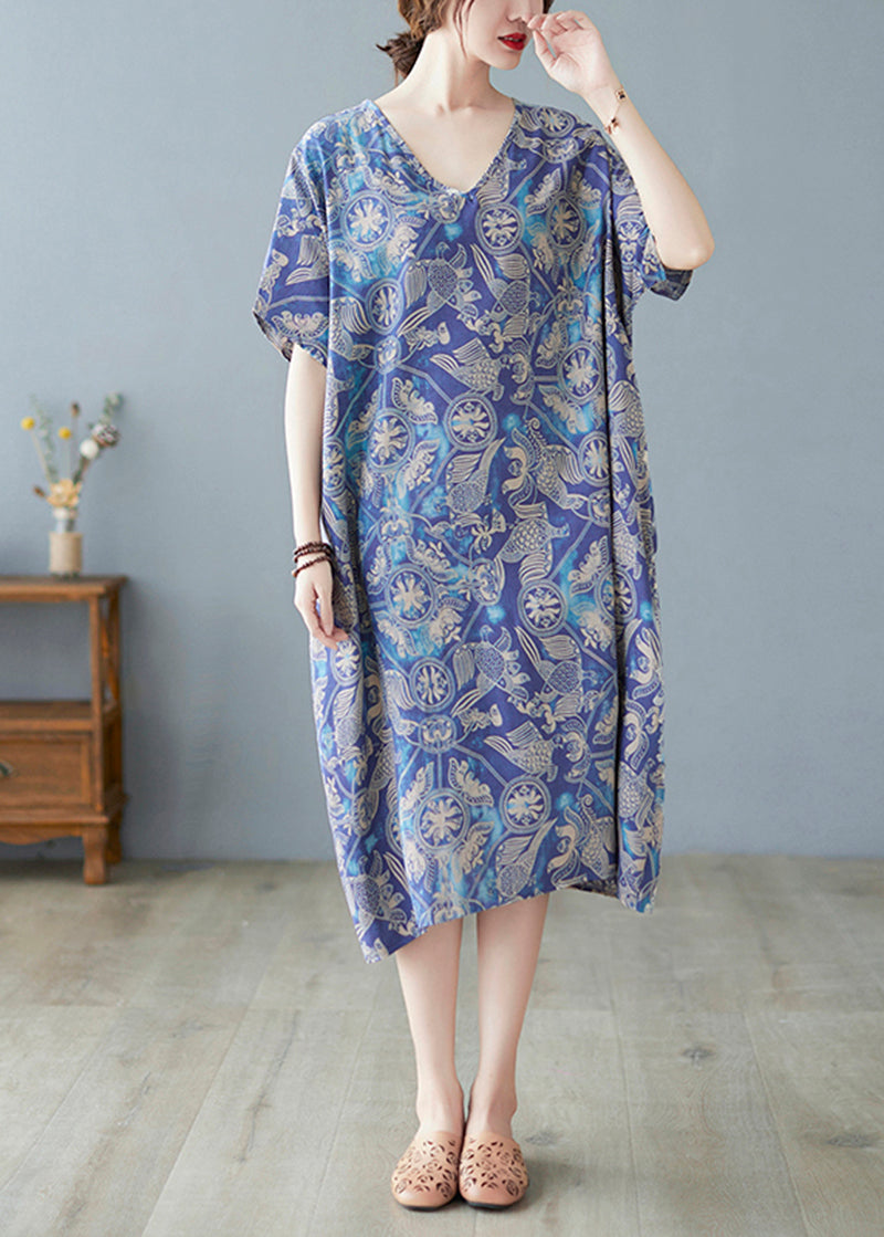 Crane Print V-Neck Short Sleeve Drop Shoulder Shift Midi Dress - View 2