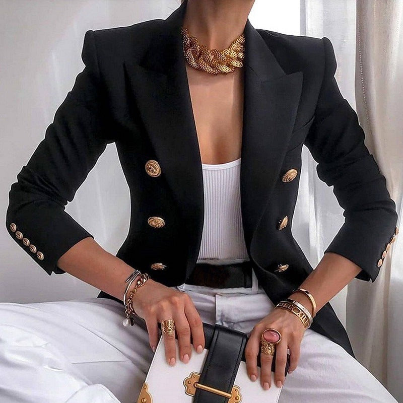 Peak Lapel Double Breasted Gold Button Blazer 9