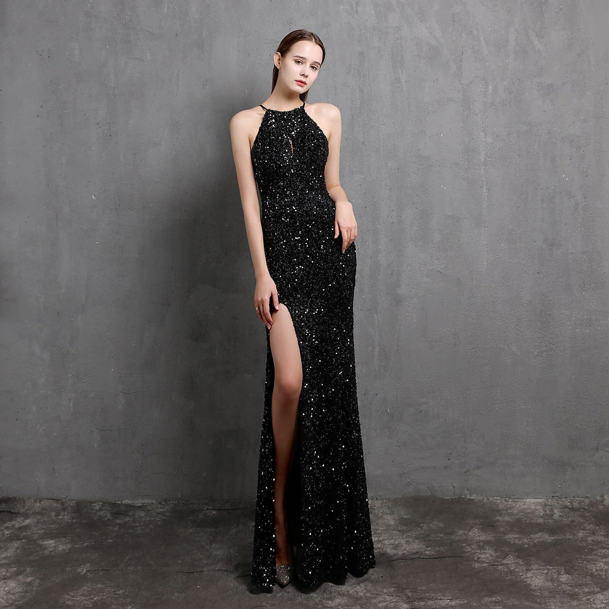 Sequin Halter Neck Keyhole High Split Mermaid Maxi Gown - View 4