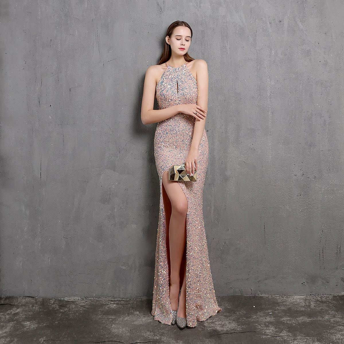 Sequin Halter Neck Keyhole High Split Mermaid Maxi Gown - View 7