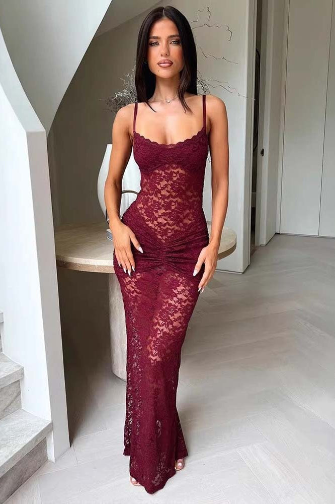 Scalloped Neck Spaghetti Strap Sheer Lace Bodycon Maxi Dress