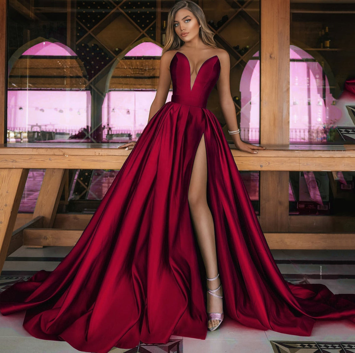 Strapless Plunging Deep V-Neck Pleated High Split Satin Maxi Gown - View 7