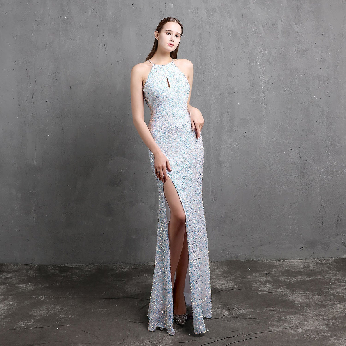 Sequin Halter Neck Keyhole High Split Mermaid Maxi Gown - View 5