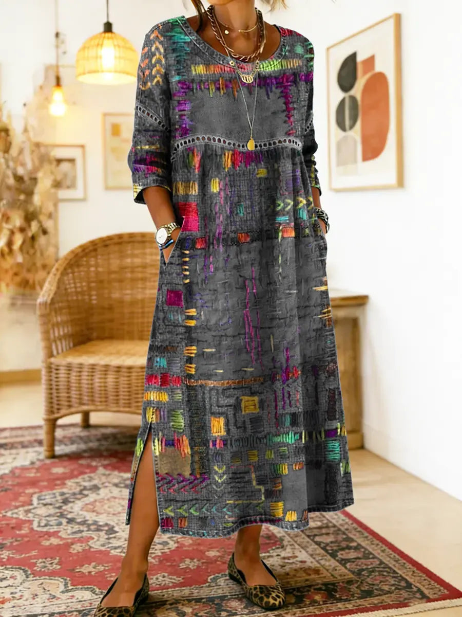 Patchwork Print Round Neck Pocket A-Line Maxi Dress 12