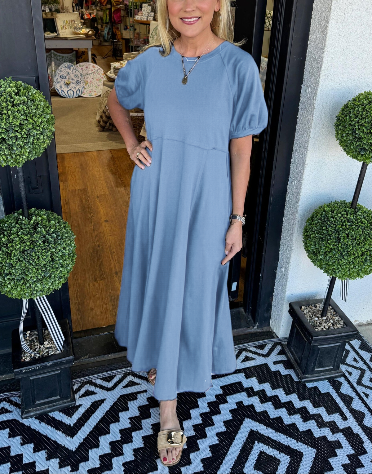 Round Neck Puff Sleeve Fit and Flare Midi Dress 5