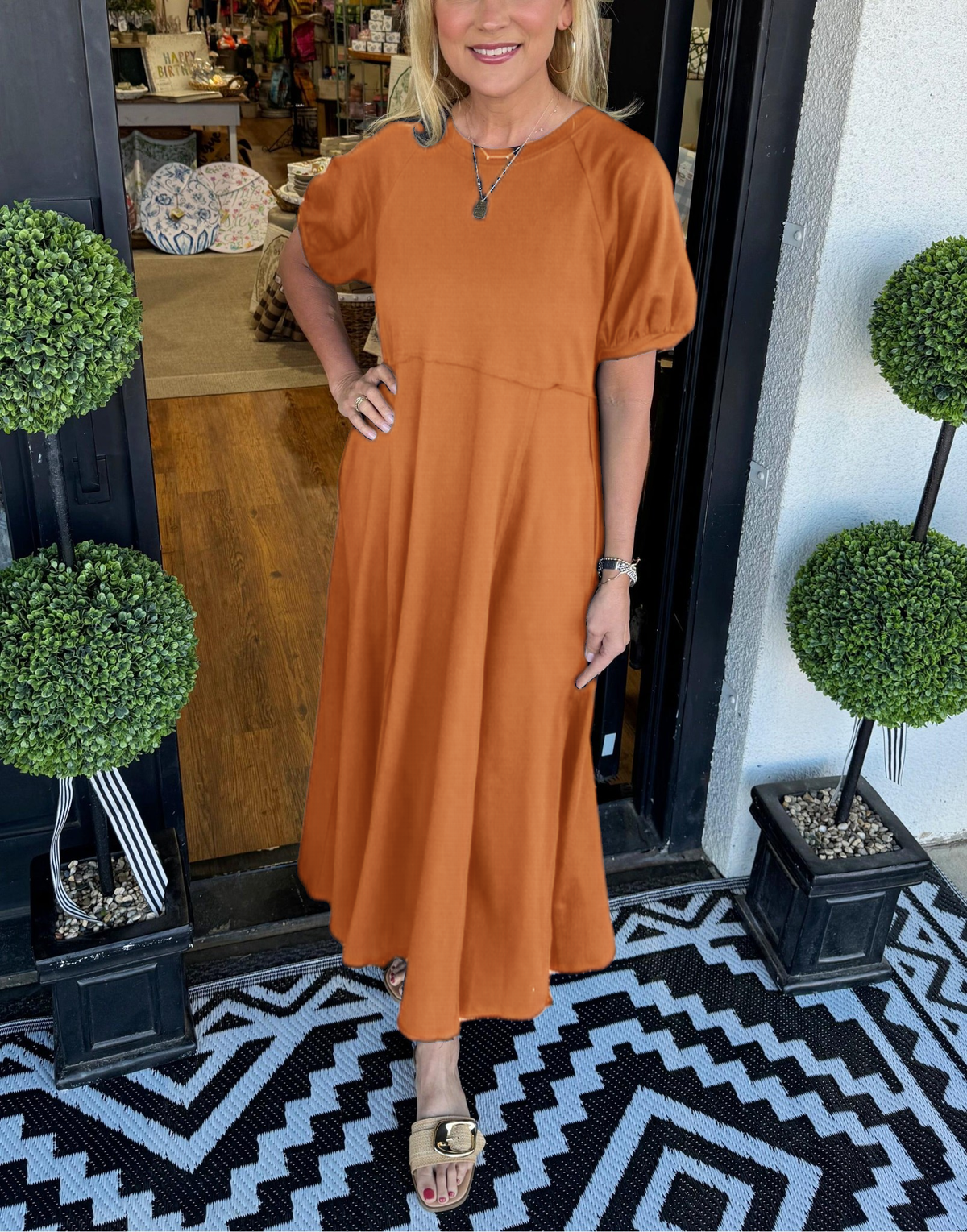 Round Neck Puff Sleeve Fit and Flare Midi Dress 6