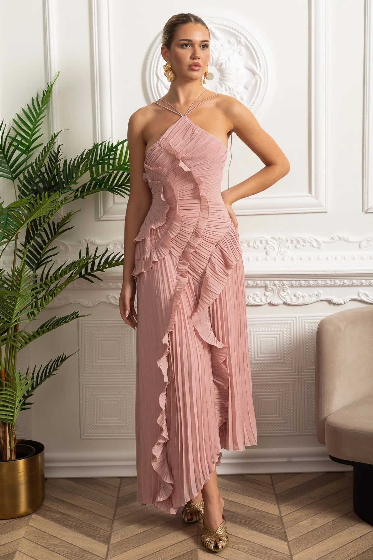 Pleated Halter Midi Dress With Cascading Ruffle Details - Pink - View 4