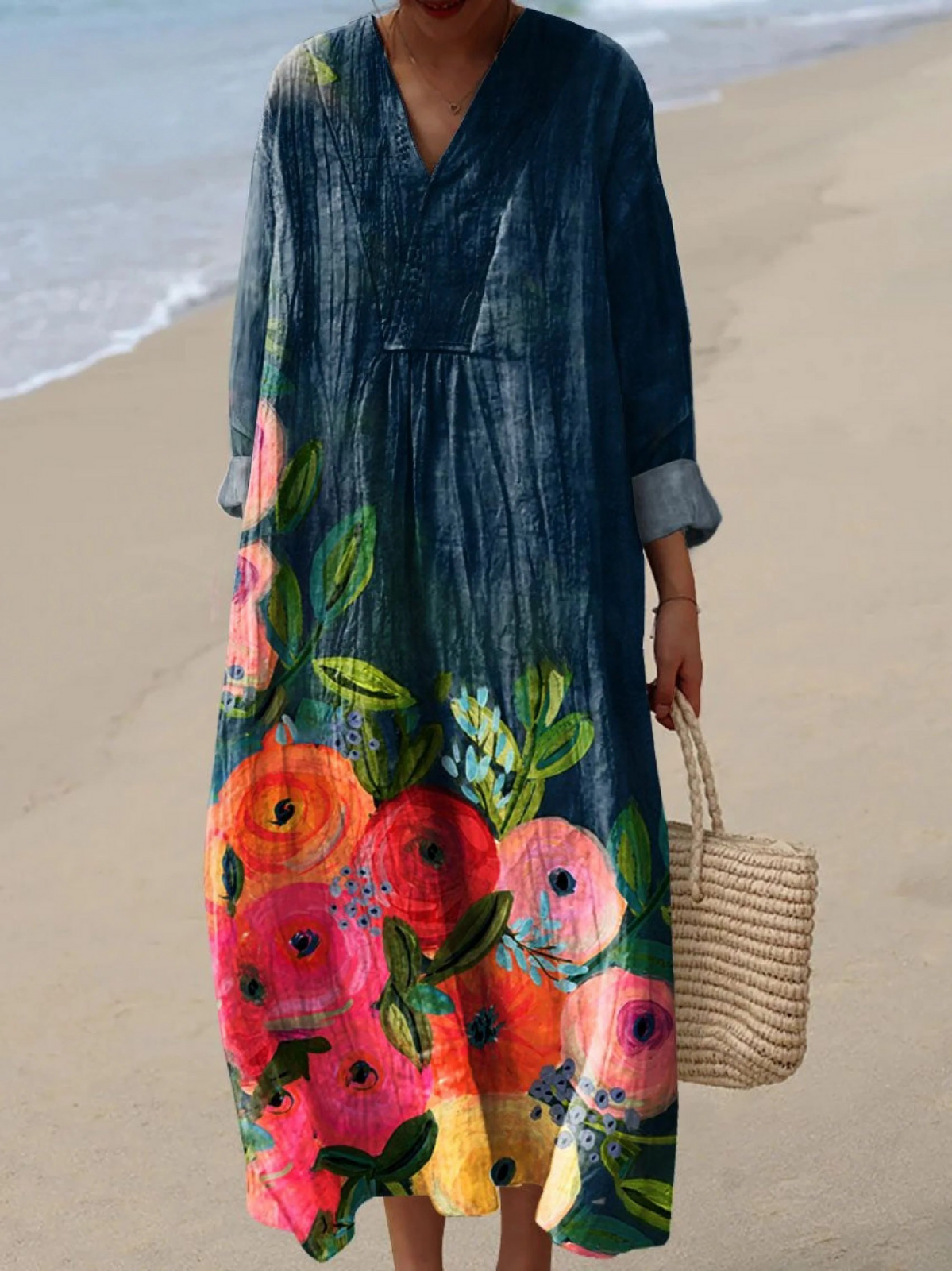 Floral Print V-Neck Long Sleeve Linen Look Maxi Dress