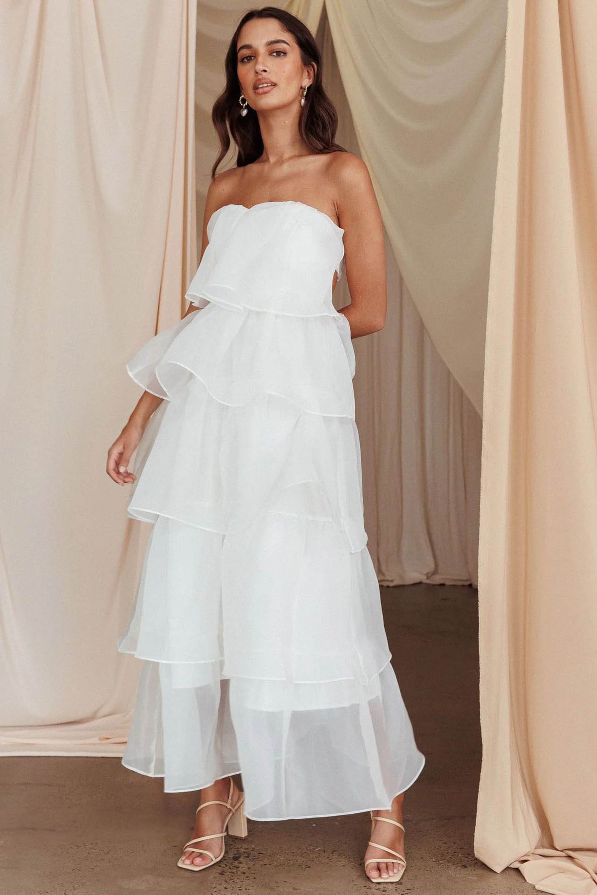 Strapless Backless Tiered Ruffle Organza Maxi Dress - View 9