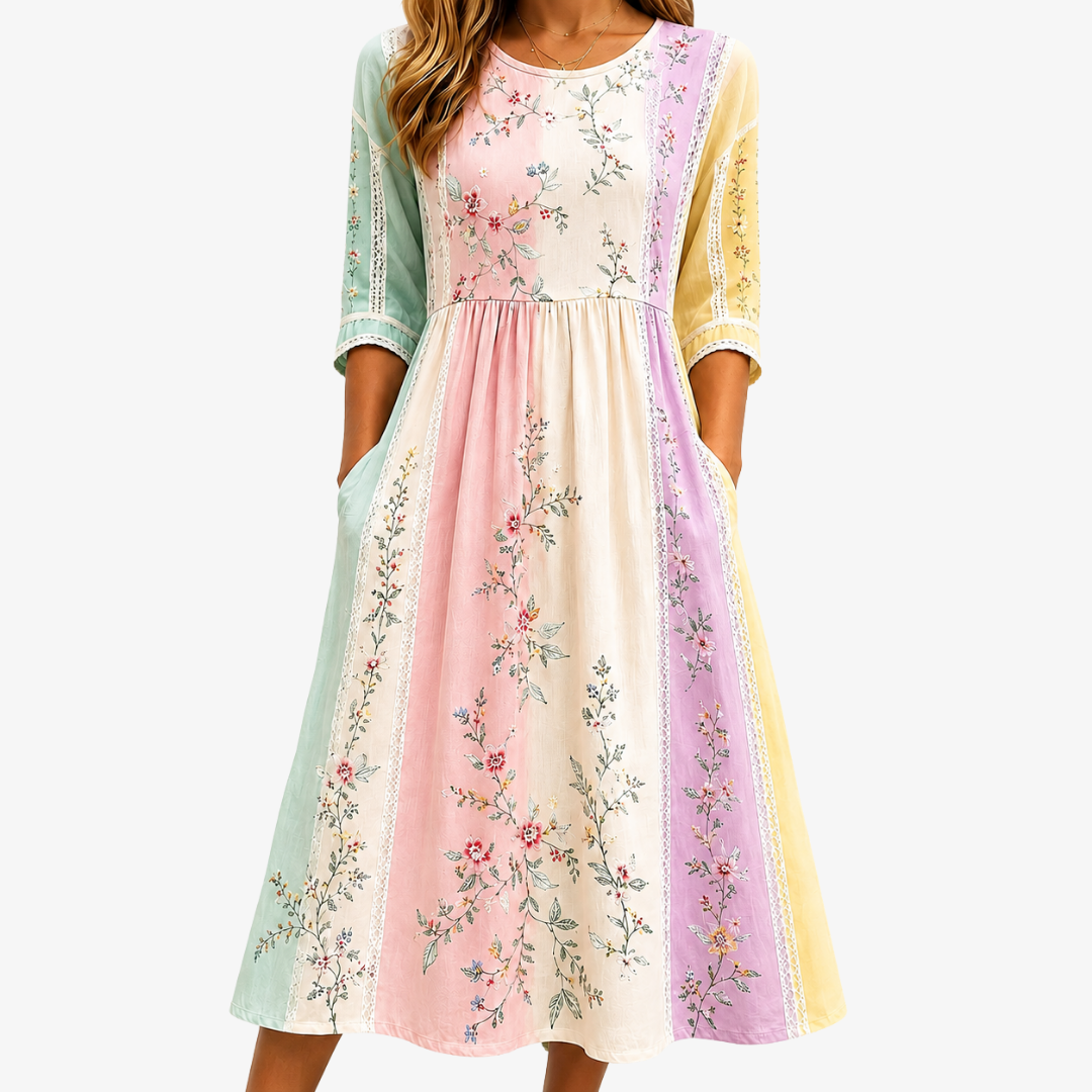 Striped Floral Round Neck 3/4 Sleeve Pocket Midi Dress