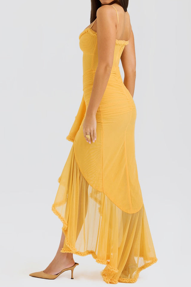 Chiffon Spaghetti Strap Sweetheart Ruched Cascading Ruffle Gown - View 3