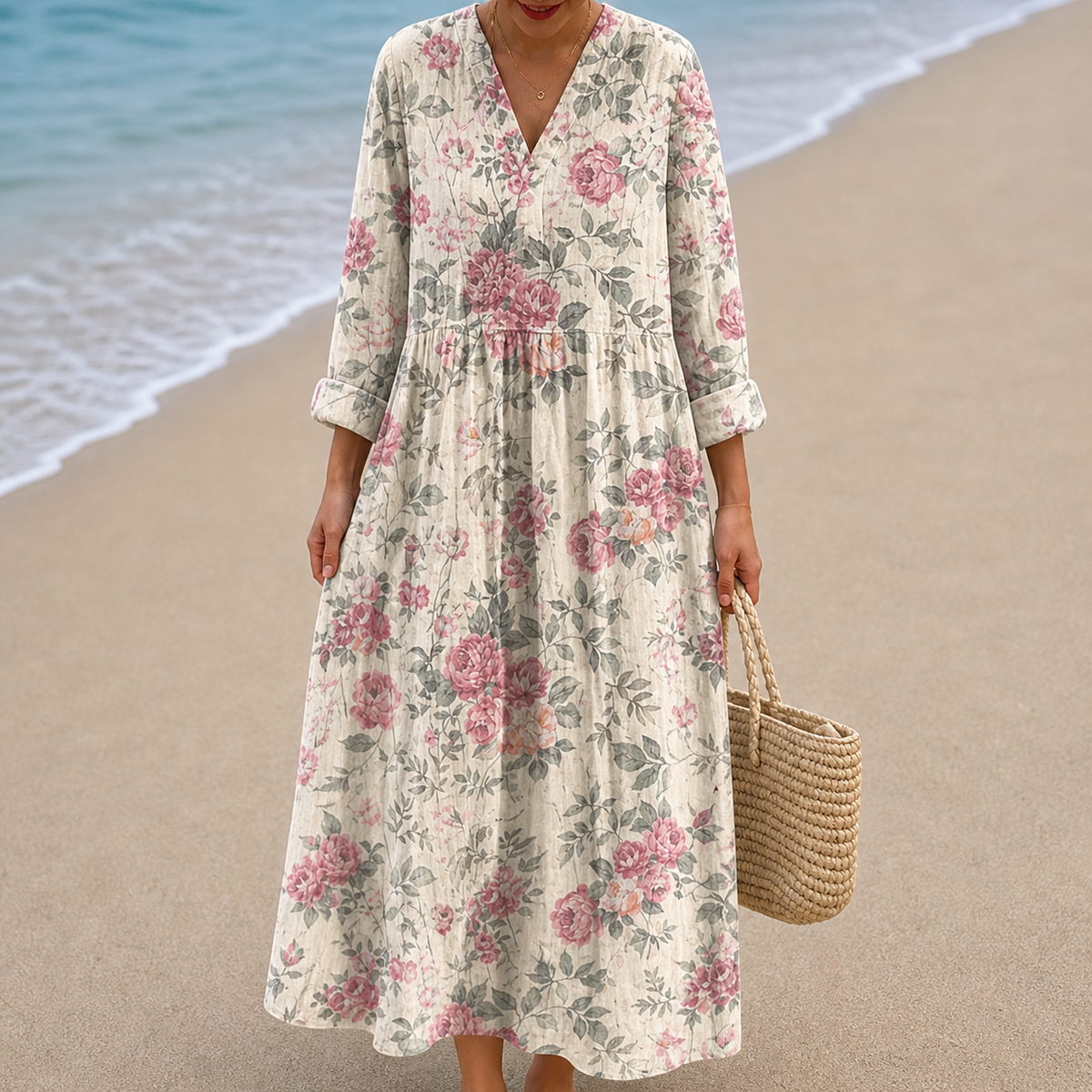 Rose Floral V-Neck Long Sleeve Tiered Midi Dress