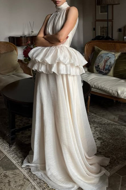 Halter High Neck Sleeveless Ruffle Peplum Maxi Dress 2
