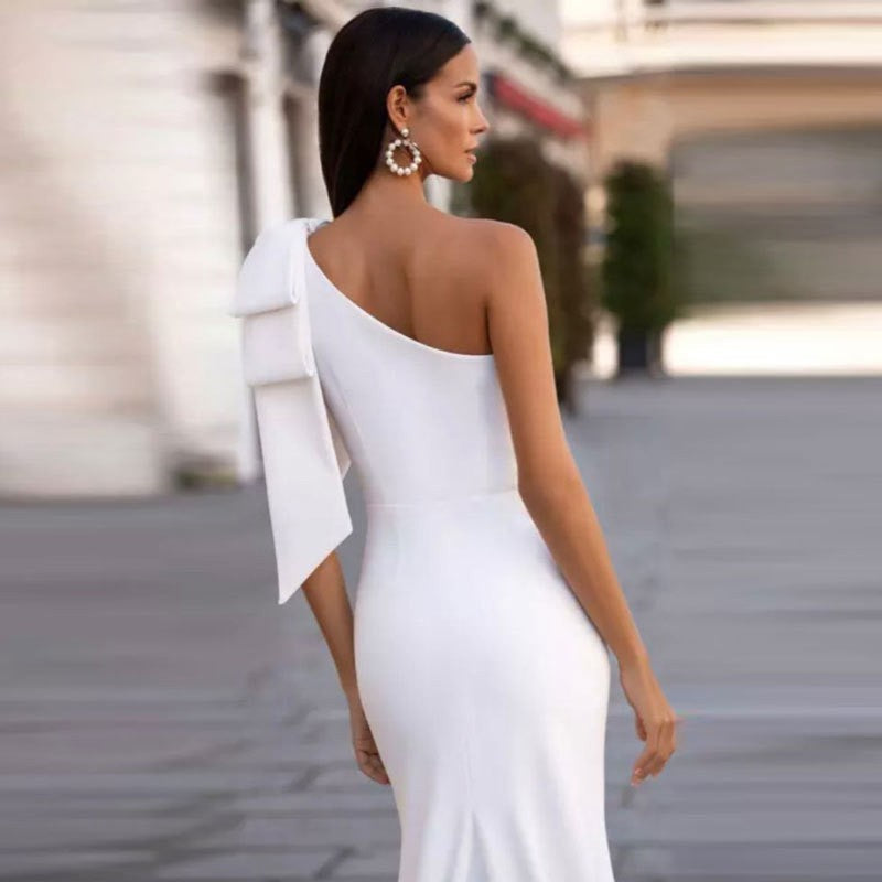 Crepe Bow Shoulder Fishtail Mermaid Wedding Gown - View 2