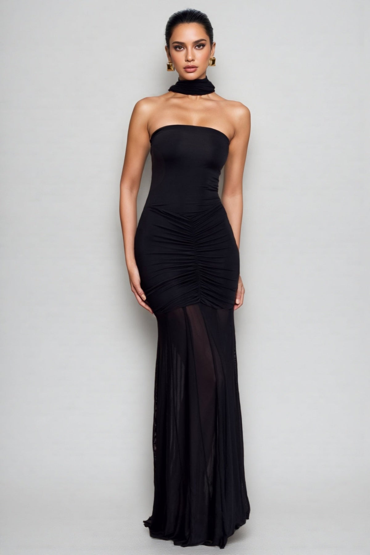 Nivenae Slinky And Mesh Off Shoulder Maxi Dress - View 5