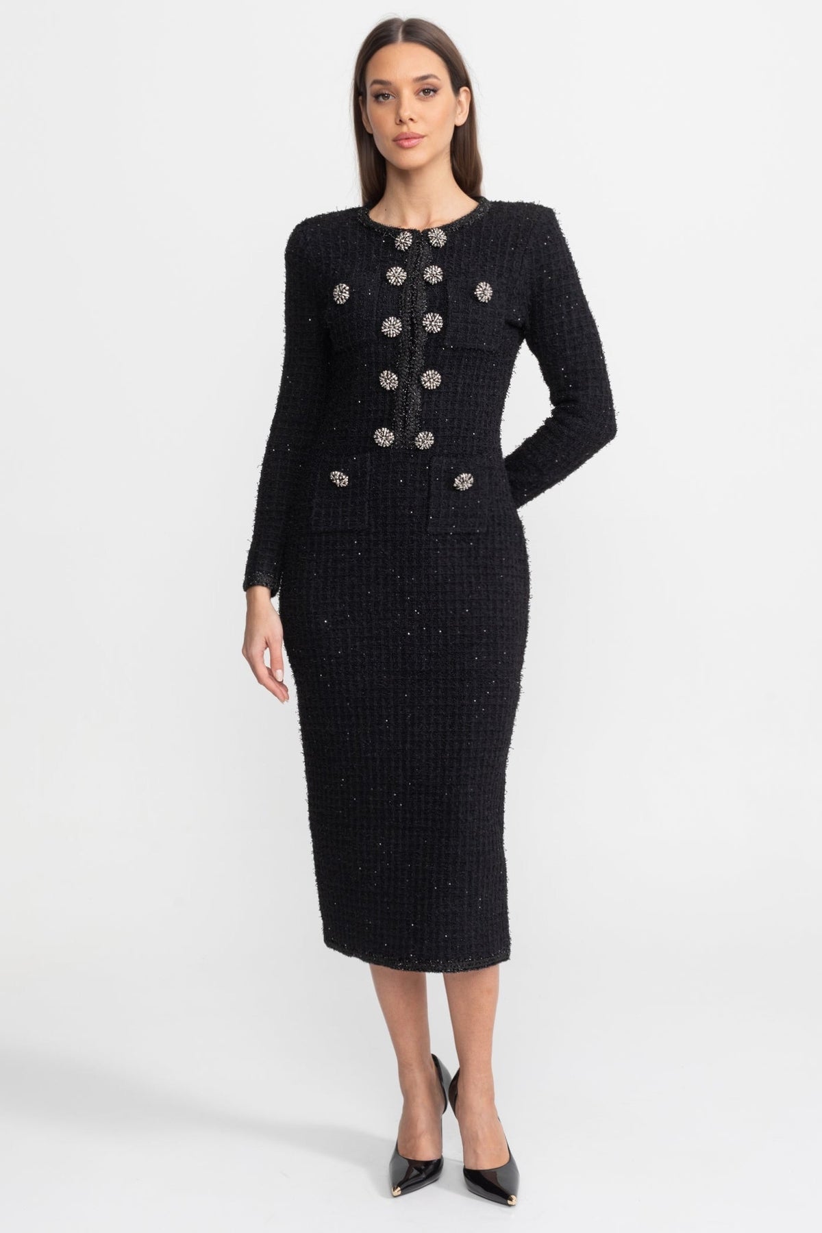 Sequin Tweed Long Sleeve Rhinestone Flower Sheath Midi Dress - View 2