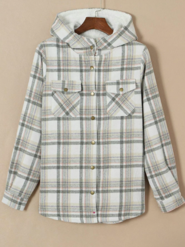 Plaid Sherpa Lined Button Front Hooded Shacket 11