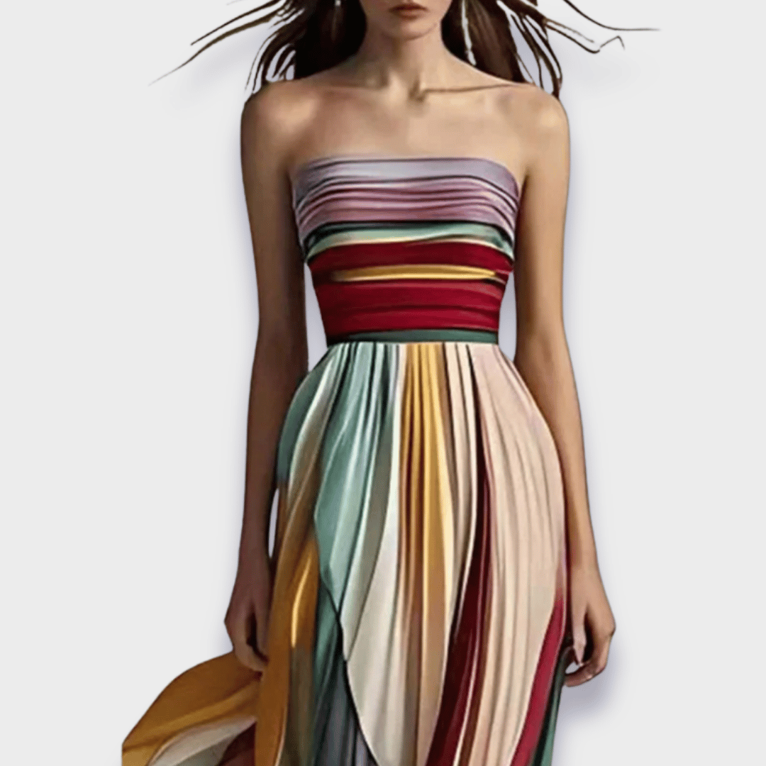 Strapless Pleated Striped Maxi Gown 2