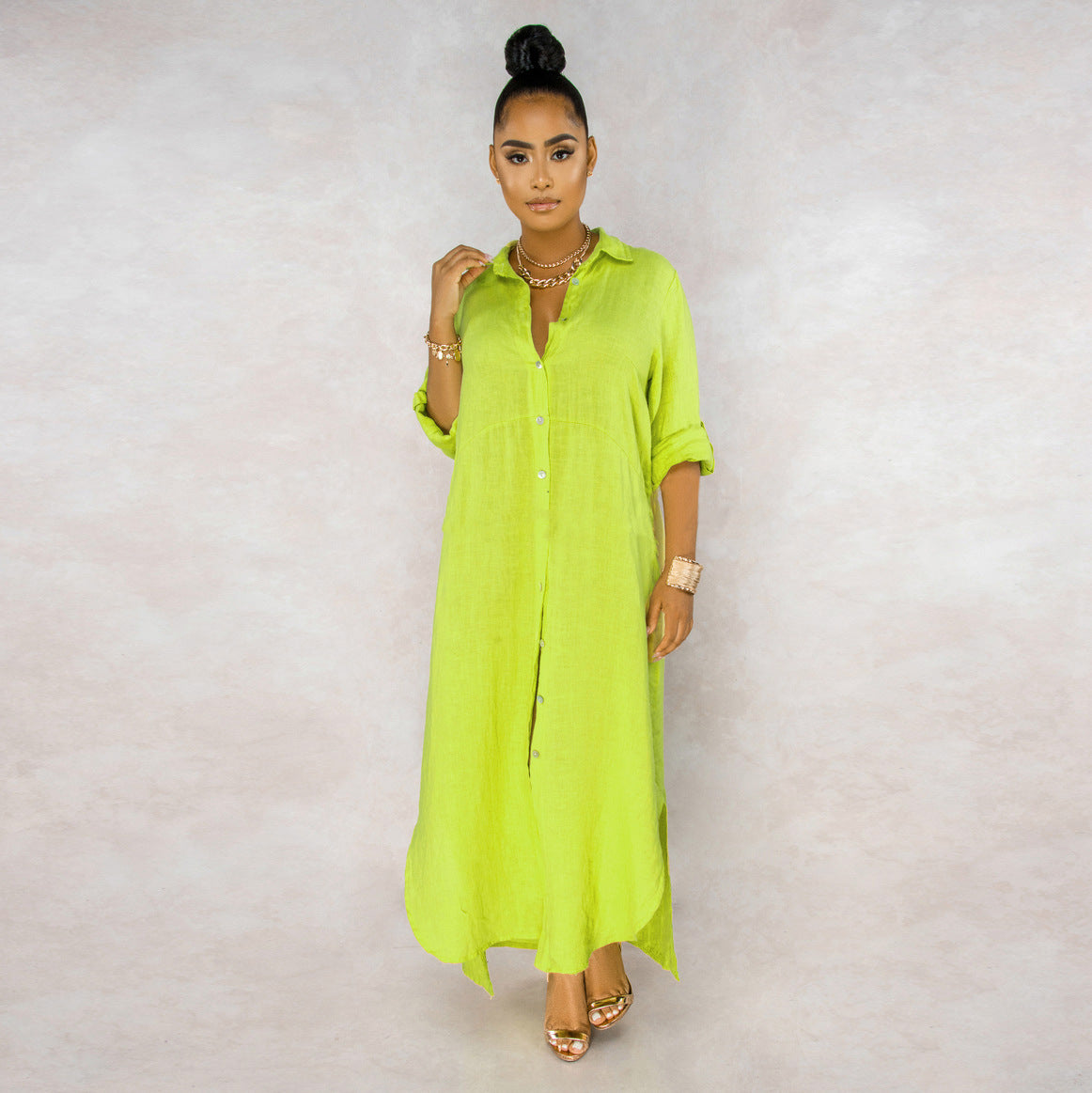 Button Down Collared Roll Tab Sleeve Box Pleat Maxi Shirt Dress - View 7