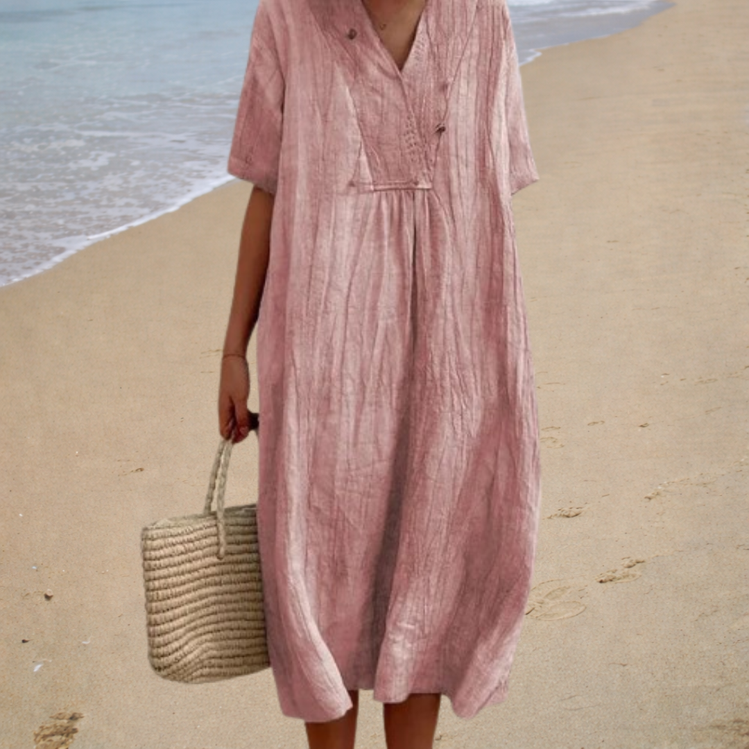 V-Neck Short Sleeve Textured Linen Midi Dress 3