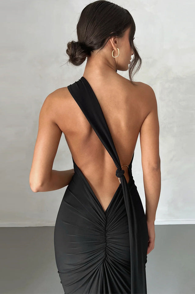 One Shoulder Ruched Open Back Trailing Sash Floor Length Gown - View 20