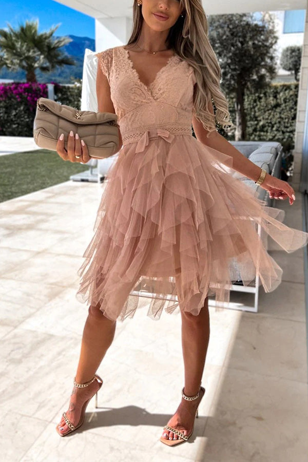 Lace V-Neck Tiered Tulle Fit and Flare Mini Dress - View 9