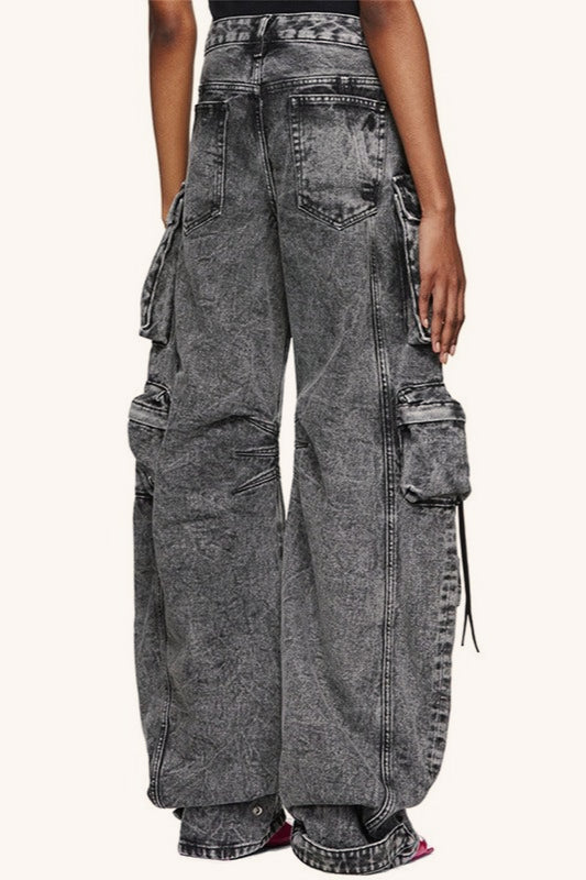Washed Gray Patchwork Multi-Pocket Cargo Wide Leg Pants