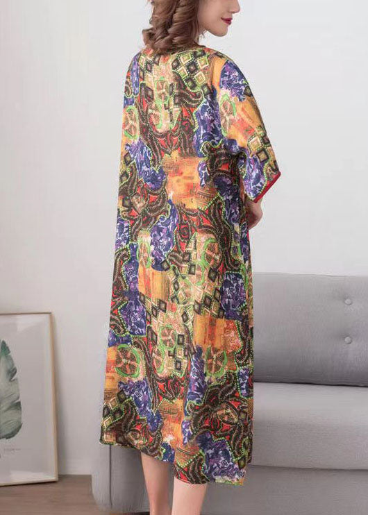 Mixed Print Crew Neck Kimono Sleeve Contrast Trim Shift Midi Dress - View 5