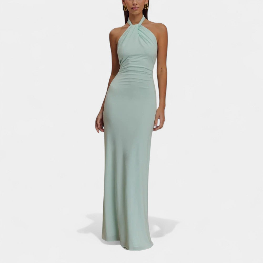 Halter Neck Ruched Backless Bodycon Maxi Gown
