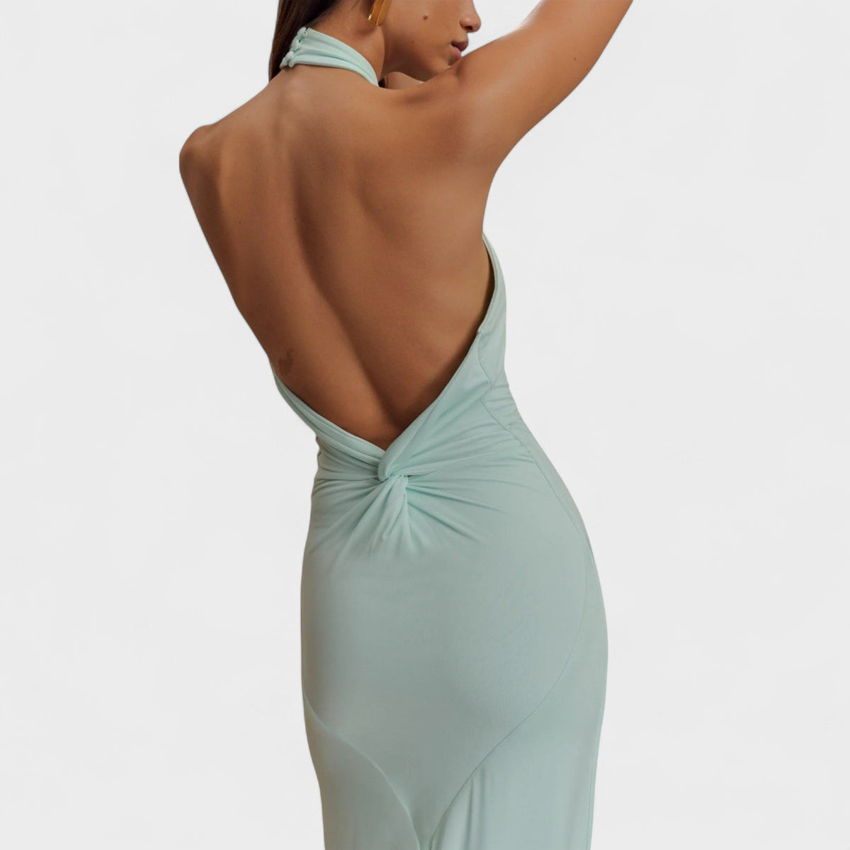 Twist Halter Neck Ruched Backless Maxi Dress 4