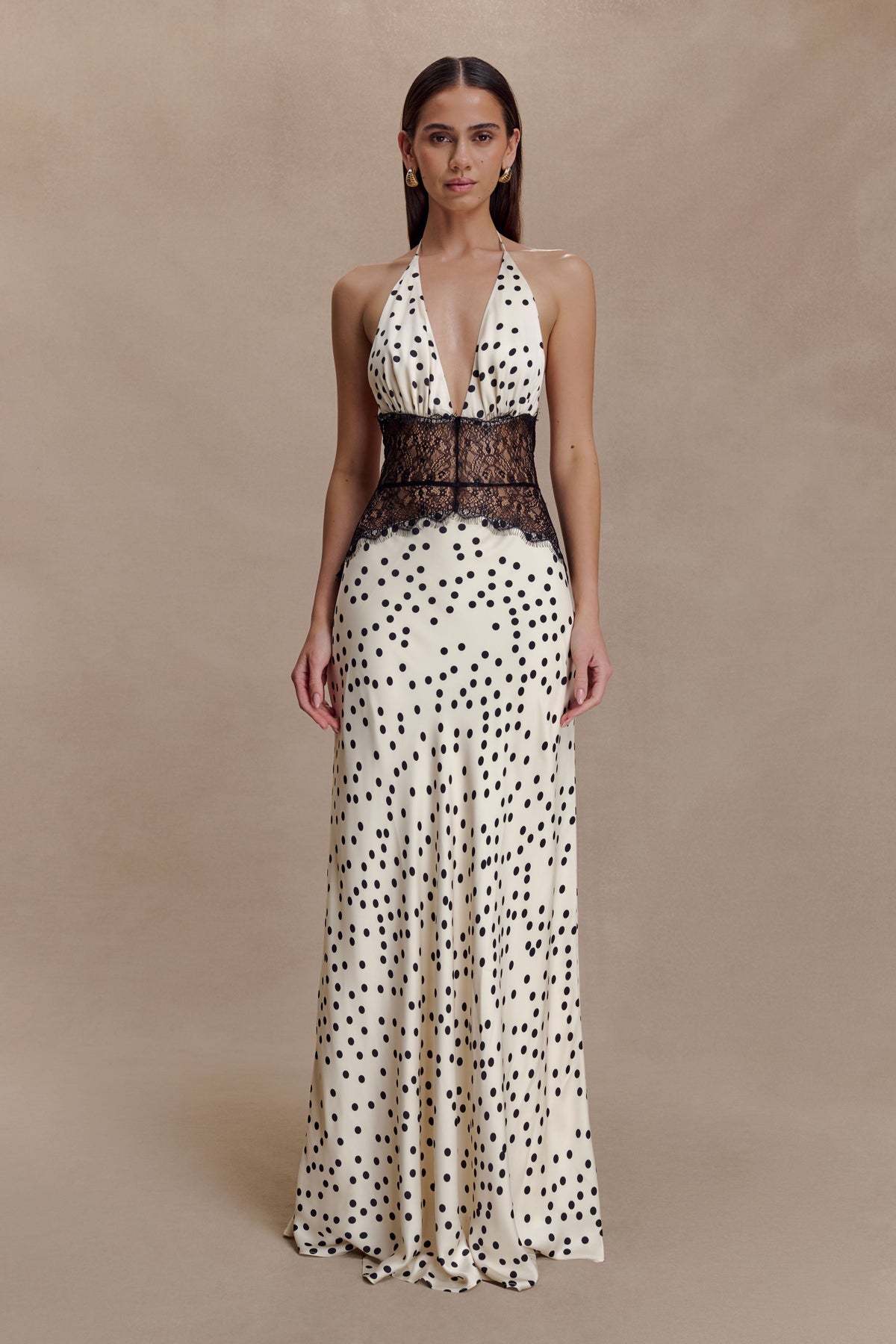 Polka Dot Satin Halter Deep V-Neck Lace Trim Maxi Dress