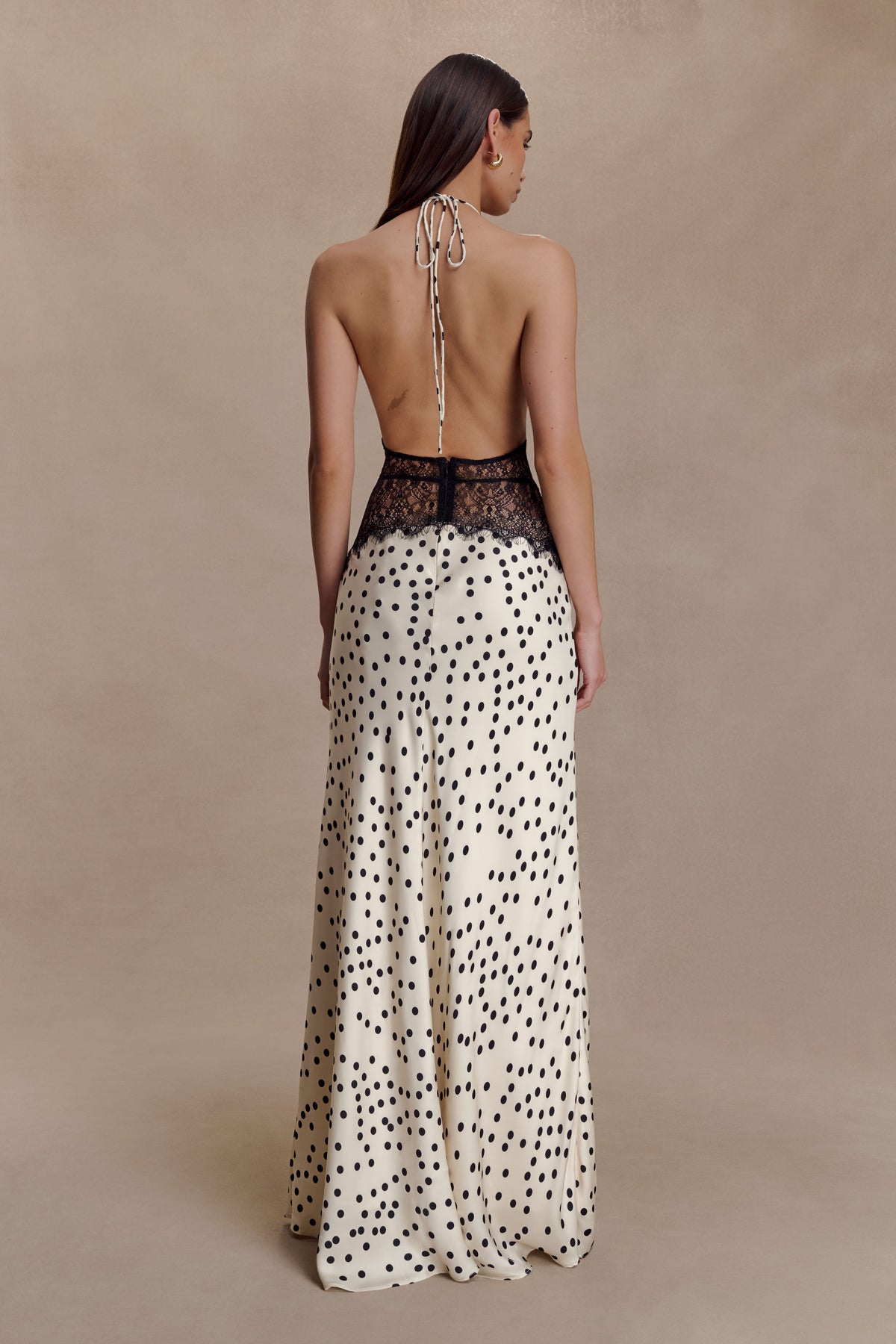 Polka Dot Satin Halter Deep V-Neck Lace Trim Maxi Dress 2