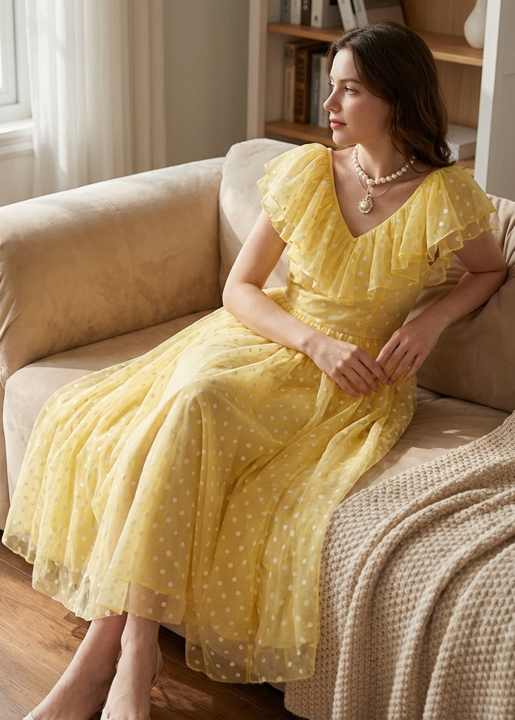 Stylish Yellow V Neck Ruffled Print Chiffon Long Dress Summer - View 2