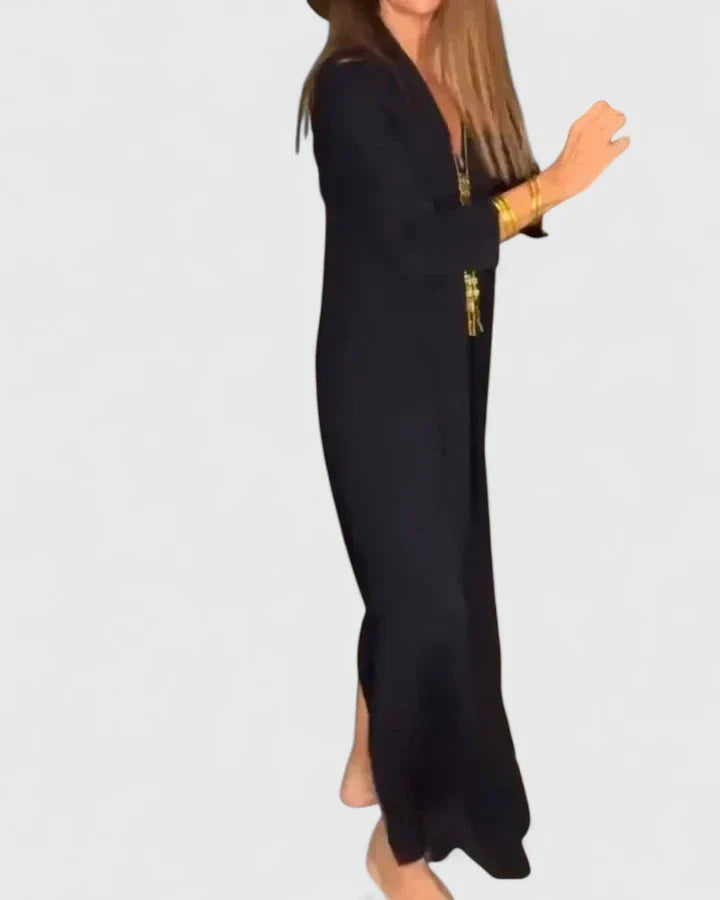 Deep V-Neck Three Quarter Sleeve A-Line Maxi Dress 4