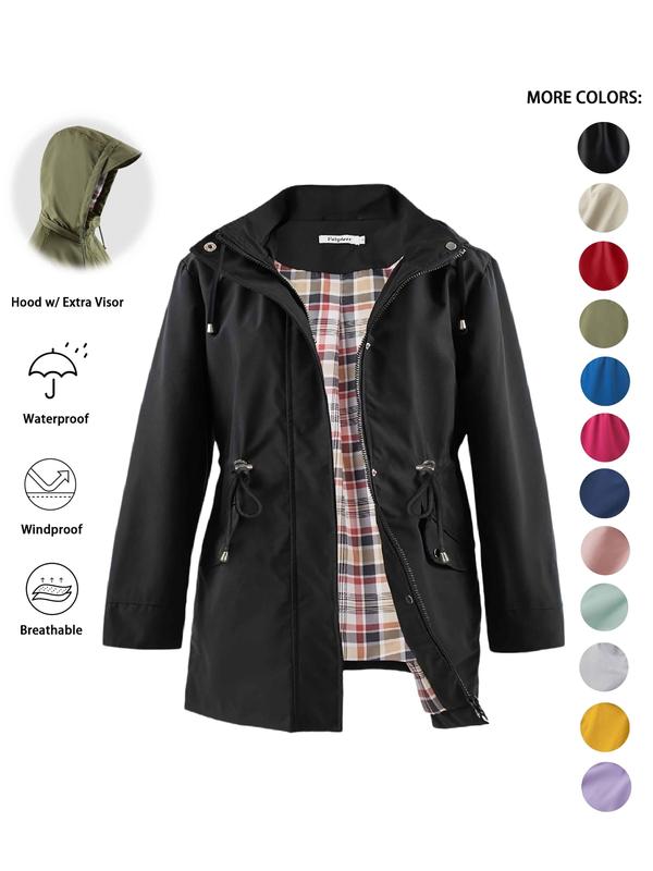 Hooded Zip Front Drawstring Waist Rain Jacket 6