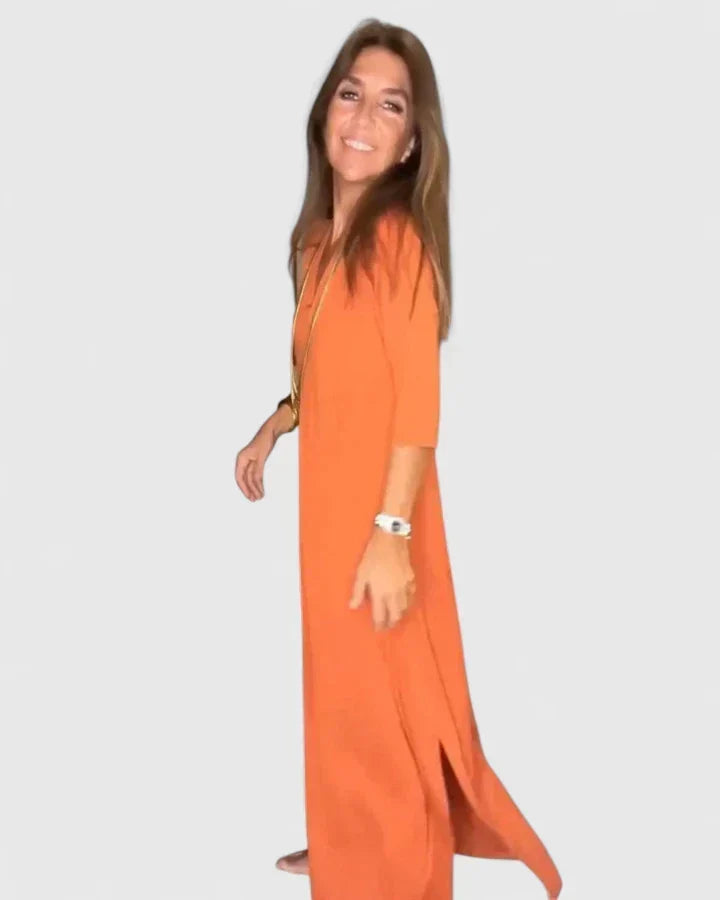 Deep V-Neck Three Quarter Sleeve A-Line Maxi Dress 2