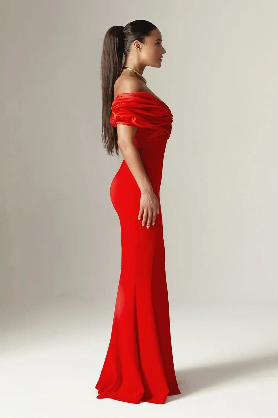 Satin Off Shoulder Ruched High Split Mermaid Gown - View 2