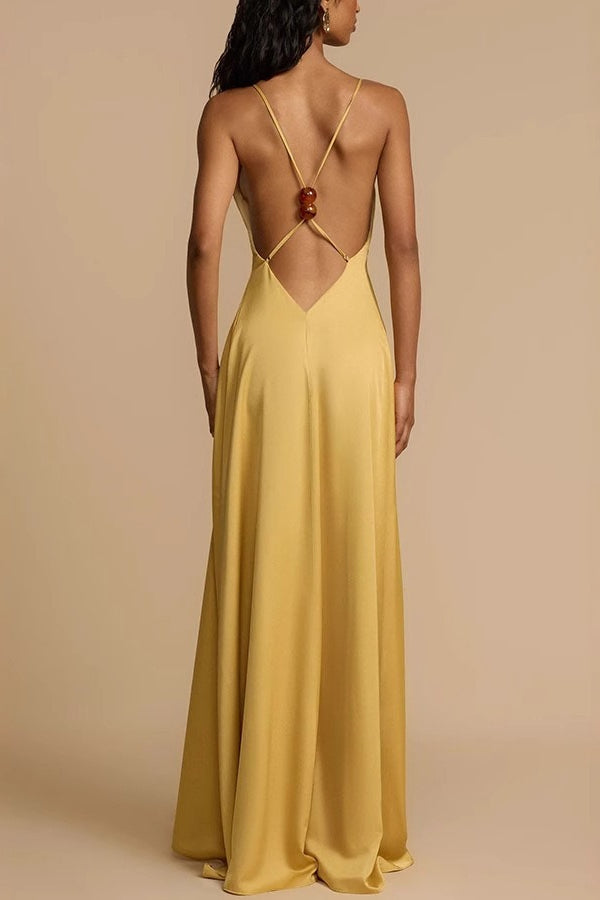Satin Deep V Backless Maxi Silk Dress - View 3