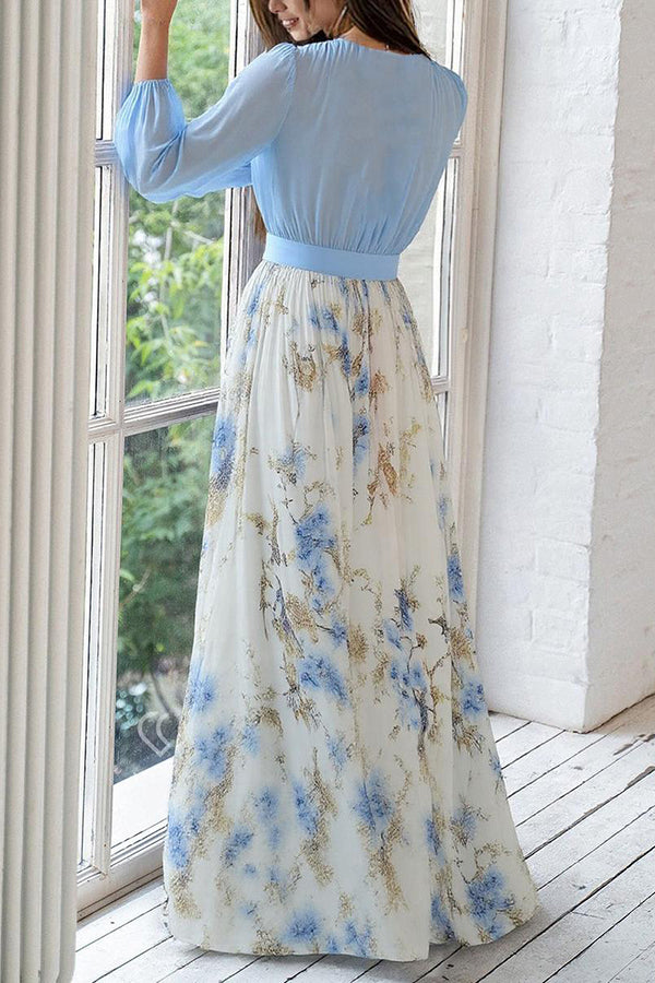 Floral Chiffon Deep V-Neck Bishop Sleeve Maxi Dress 4