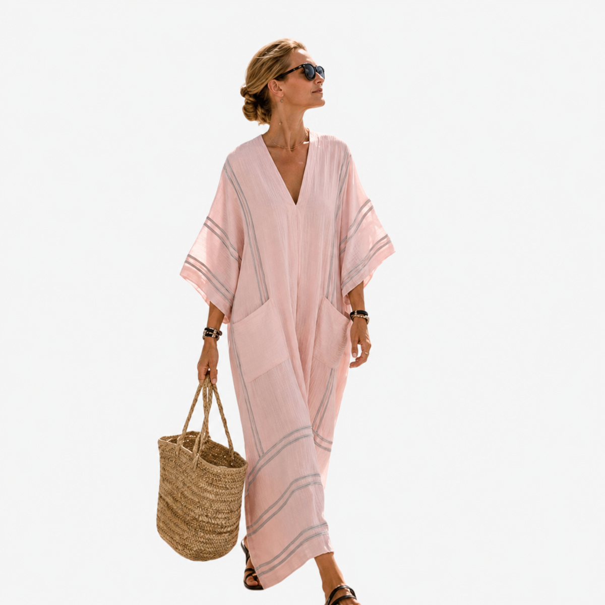 V-Neck Wide Sleeve Striped Kaftan Maxi Beach Dress