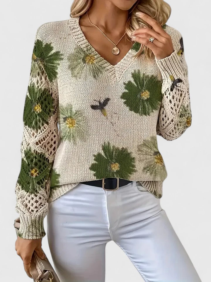 V-Neck Crochet Lace Sleeve Floral Print Long Sleeve Knit Sweater 8