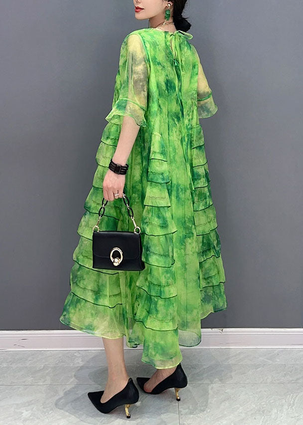 Tie Dye Round Neck Ruffle Sleeve Tiered Ruffle Chiffon Midi Dress - View 4