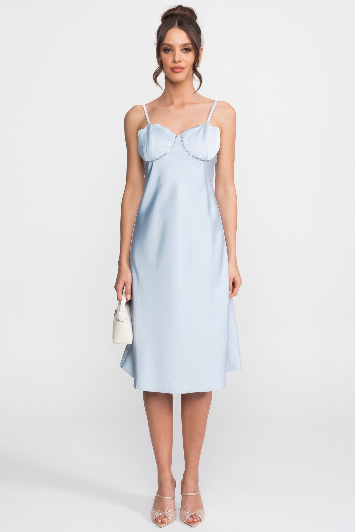 Satin Slip Midi Dress With Sweetheart Bustier Bodice - Light Blue - View 2