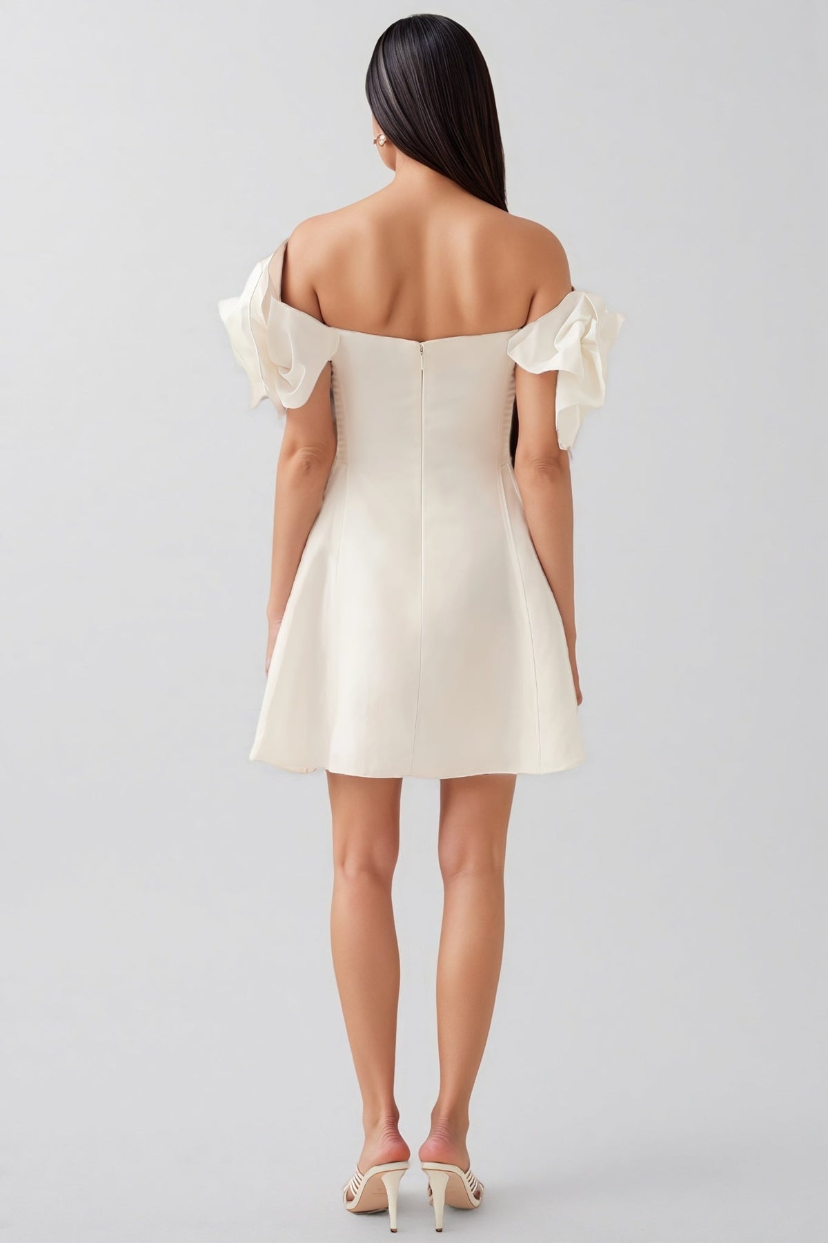Satin 3D Rose Off Shoulder Fit and Flare Mini Dress - View 3