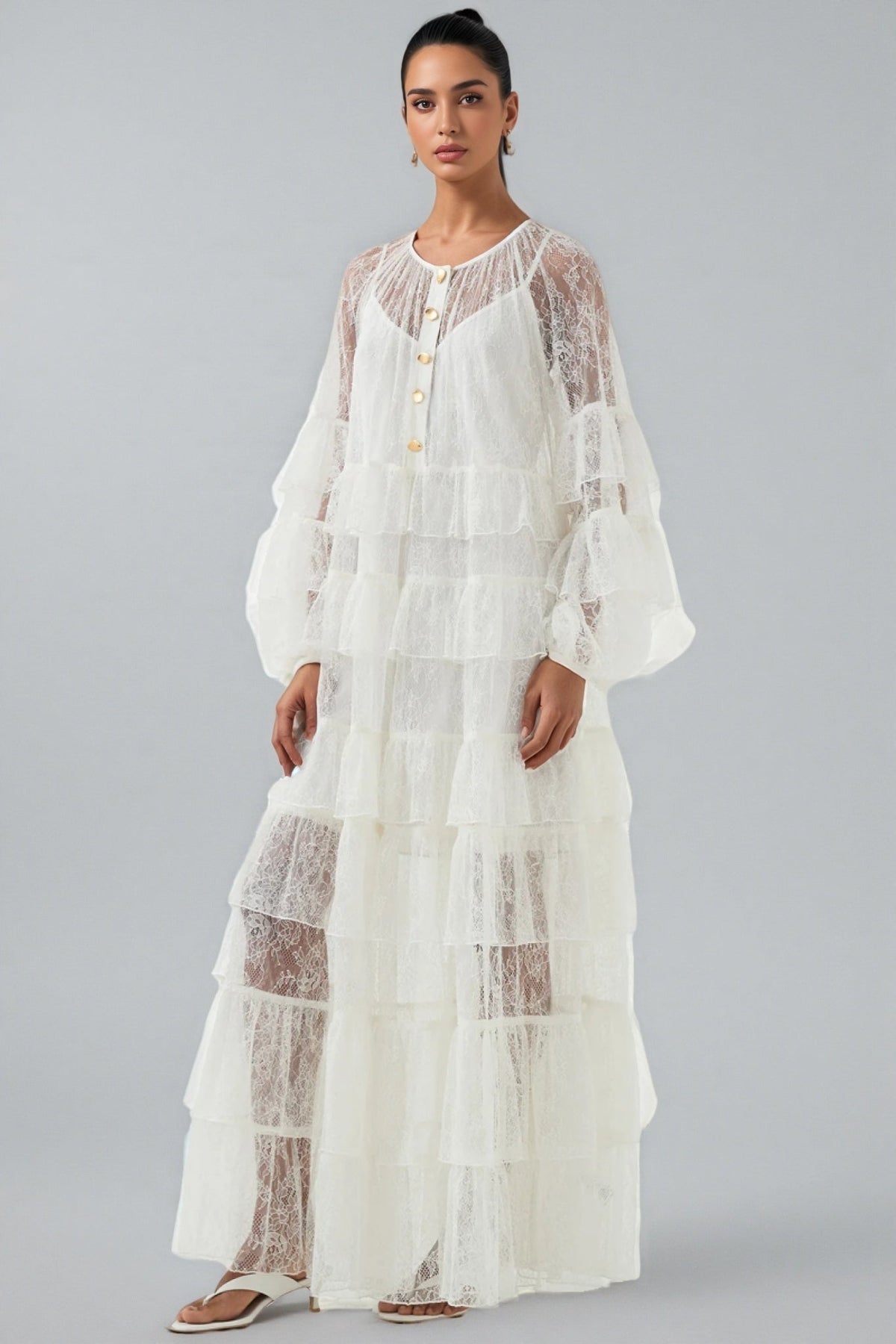 Wintk White Round Neck Lace Maxi Dress