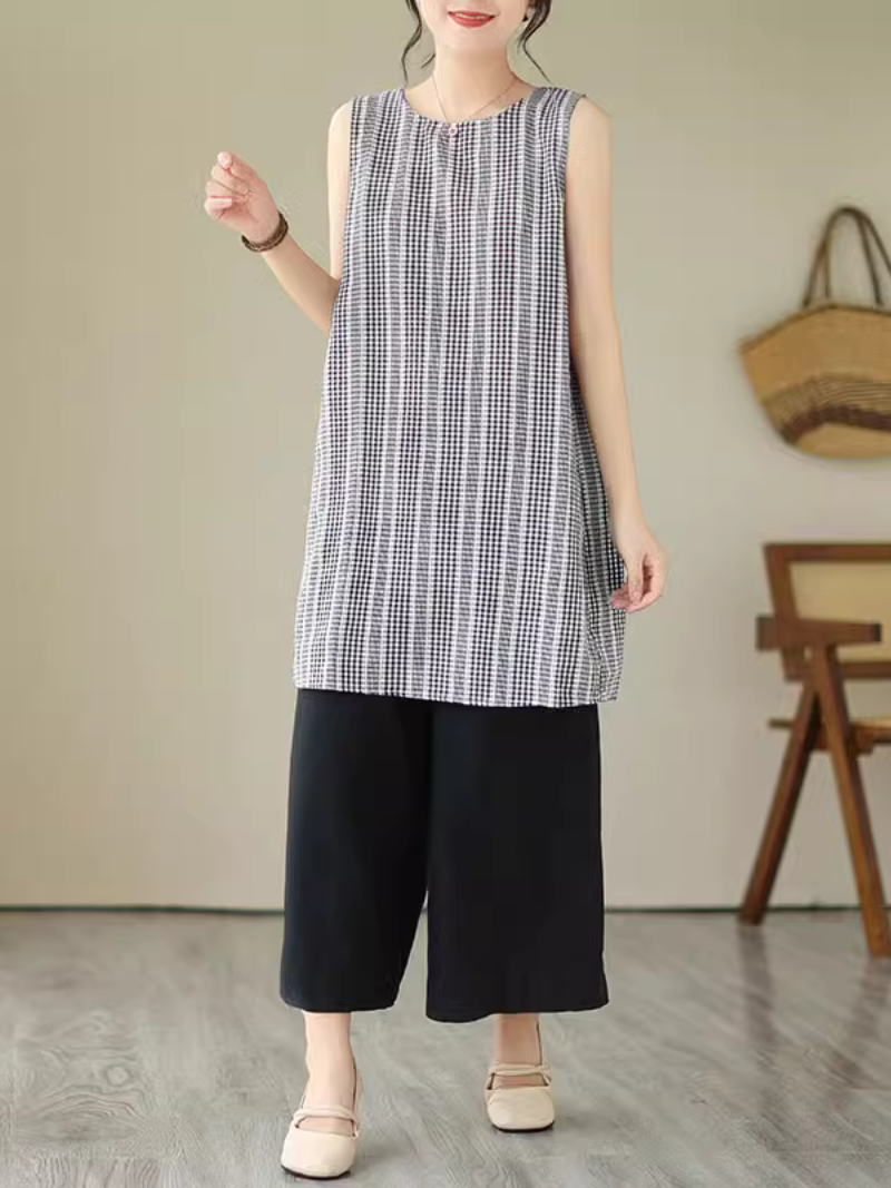 Gingham Check Vertical Stripe Round Neck Sleeveless Shift Mini Dress - View 4