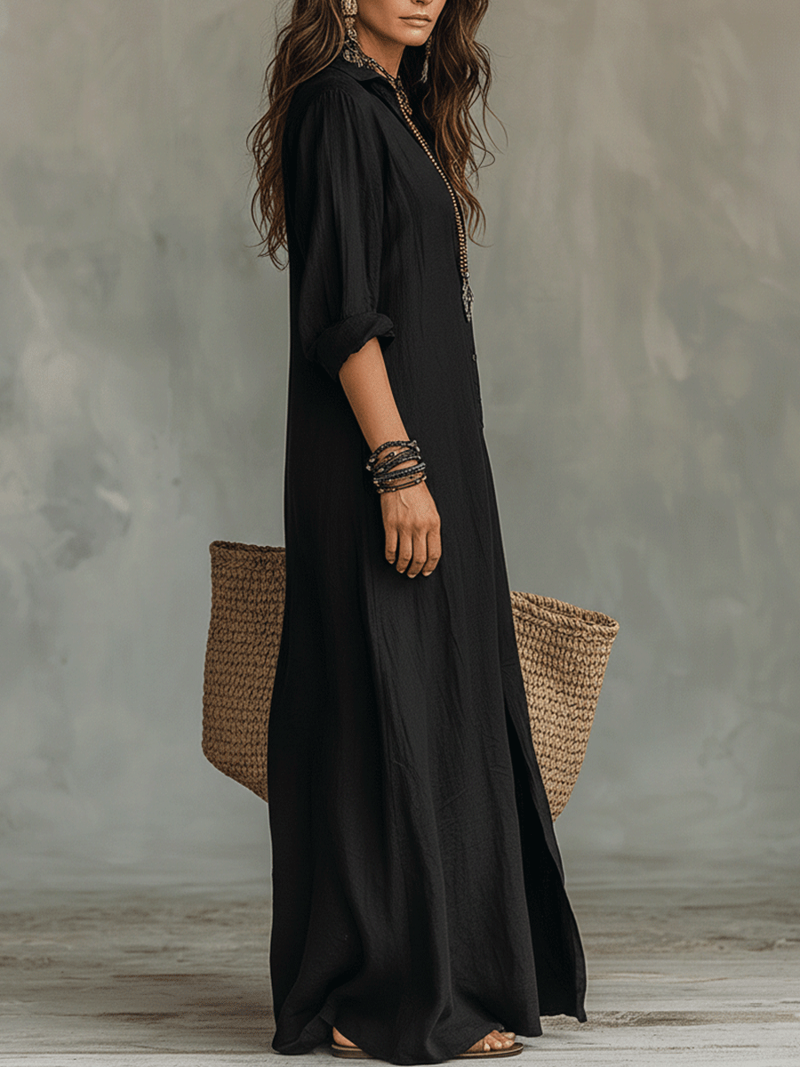 Button Front Long Sleeve Collared Maxi Shirt Dress 11