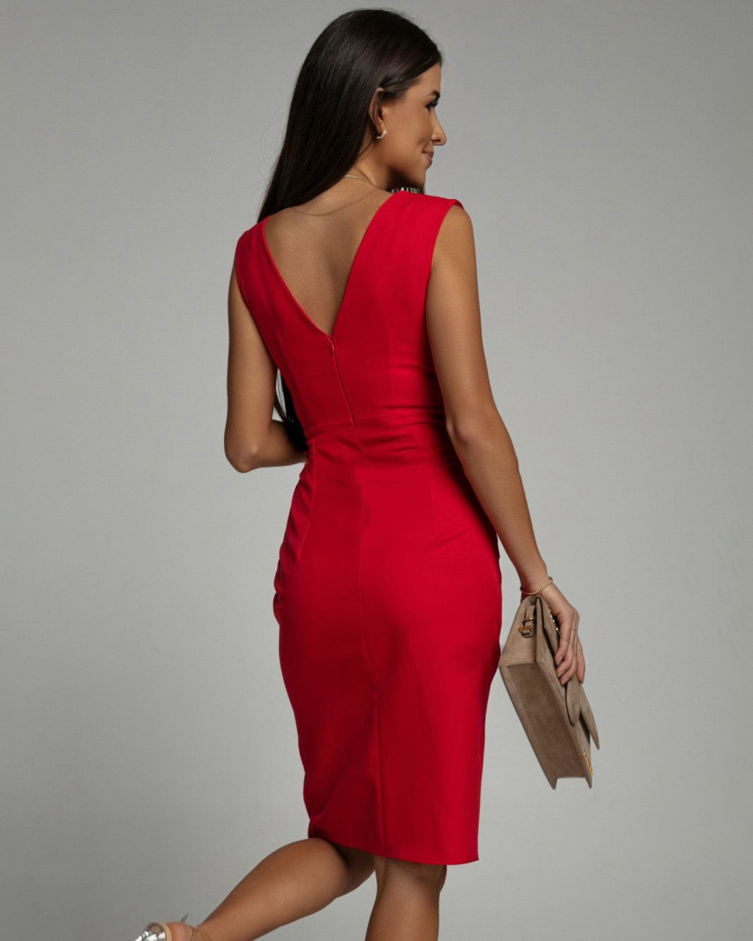 Sleeveless Deep V-Neck Wrap Pleated Bodycon Cocktail Midi Dress - View 2